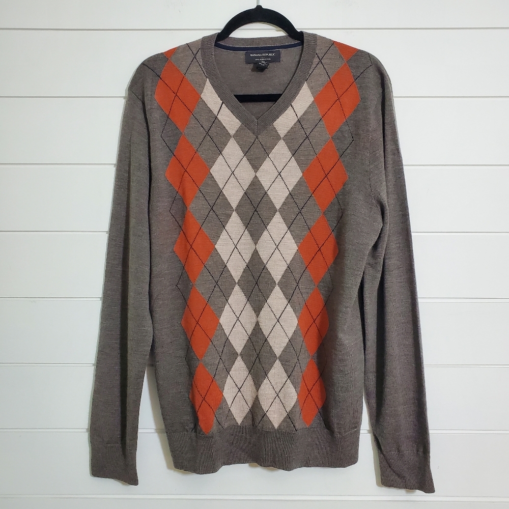 Banana‎ Republic Men's Argyle Pattern V-neck Sweater 100% Merino Wool Size M